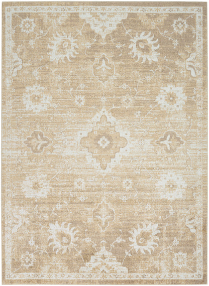 Beige oriental area rug with ivory floral medallions and distressed pattern, rectangular woven rug.