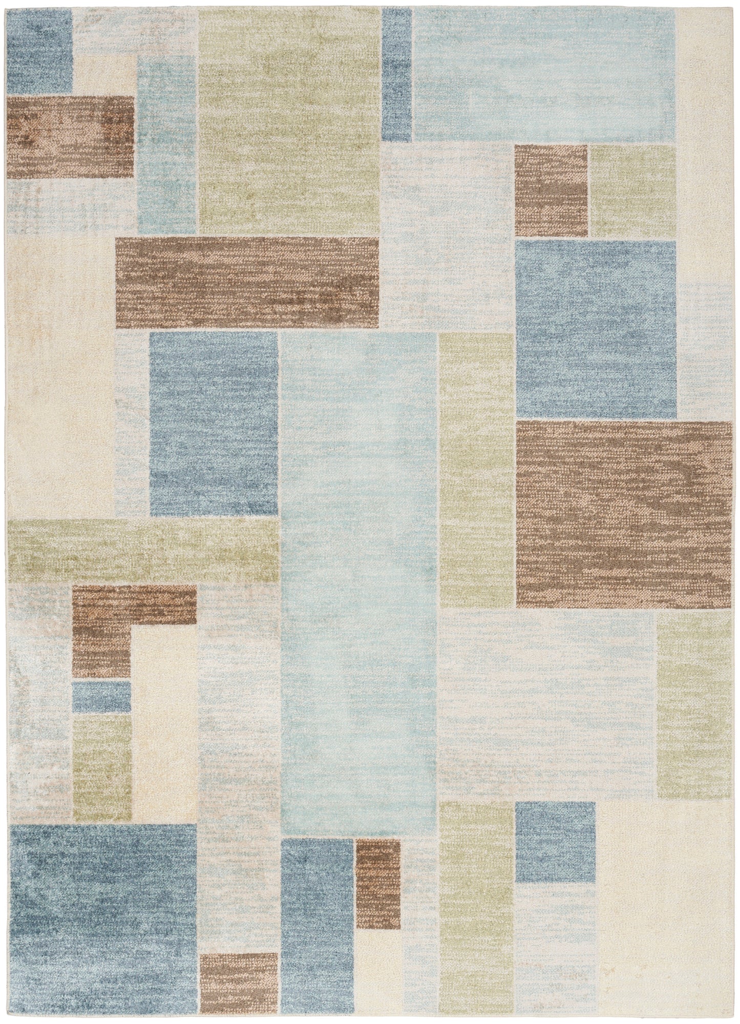 Rectangular geometric patchwork area rug with pale blue, beige, sage green, and brown blocks in a modern abstract pattern.