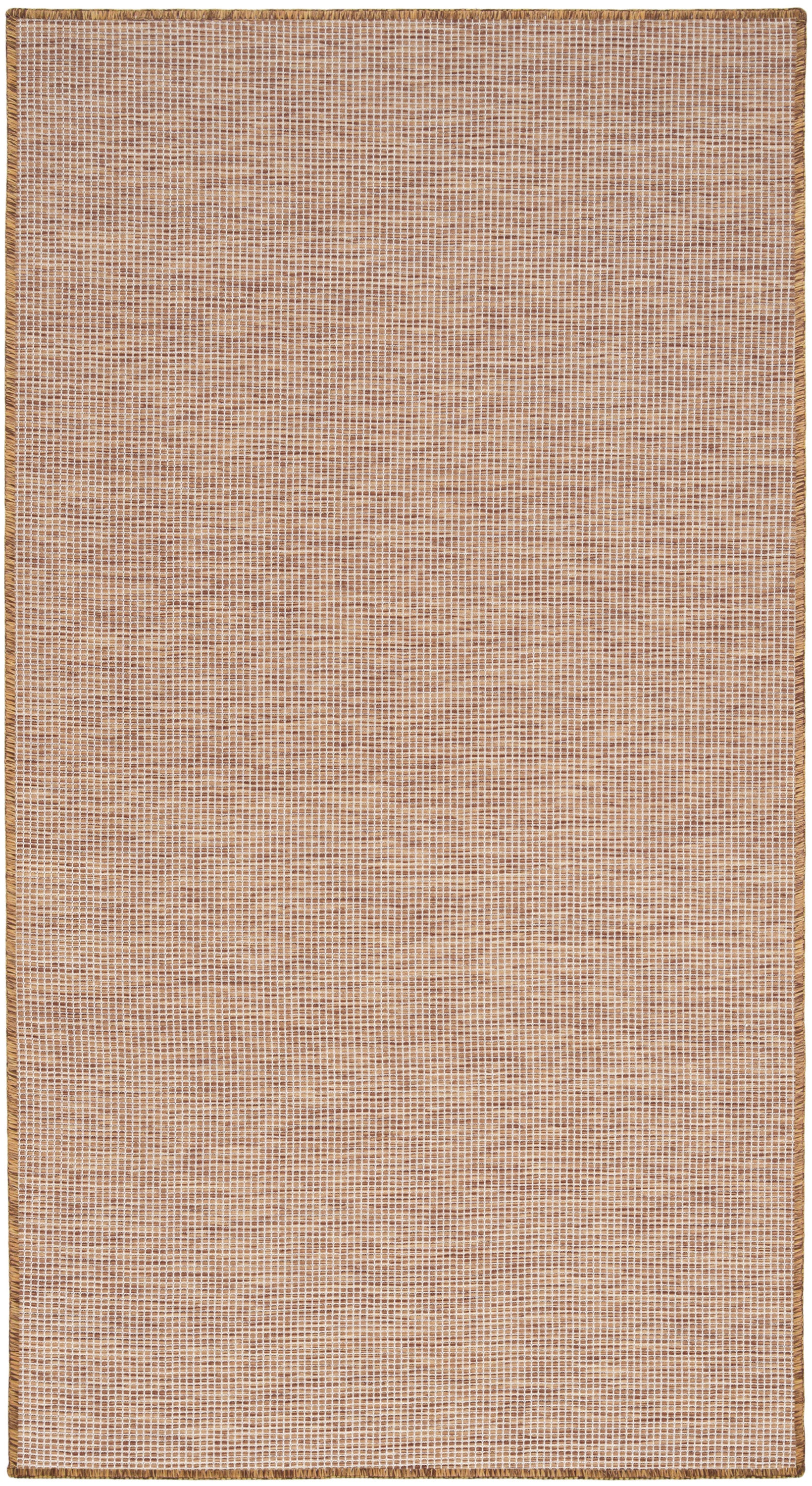 Beige woven area rug with tiny brown grid pattern and braided tan border.