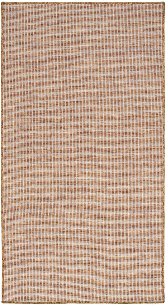 Beige woven area rug with tiny brown grid pattern and braided tan border.