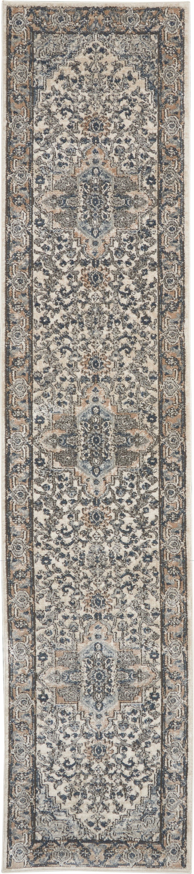 Muted beige-gray oriental runner rug with a central medallion, dense floral motifs and decorative borders.