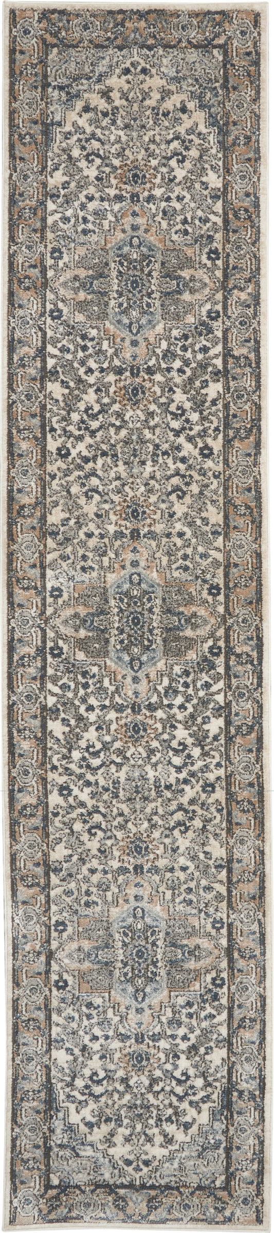 Muted beige-gray oriental runner rug with a central medallion, dense floral motifs and decorative borders.