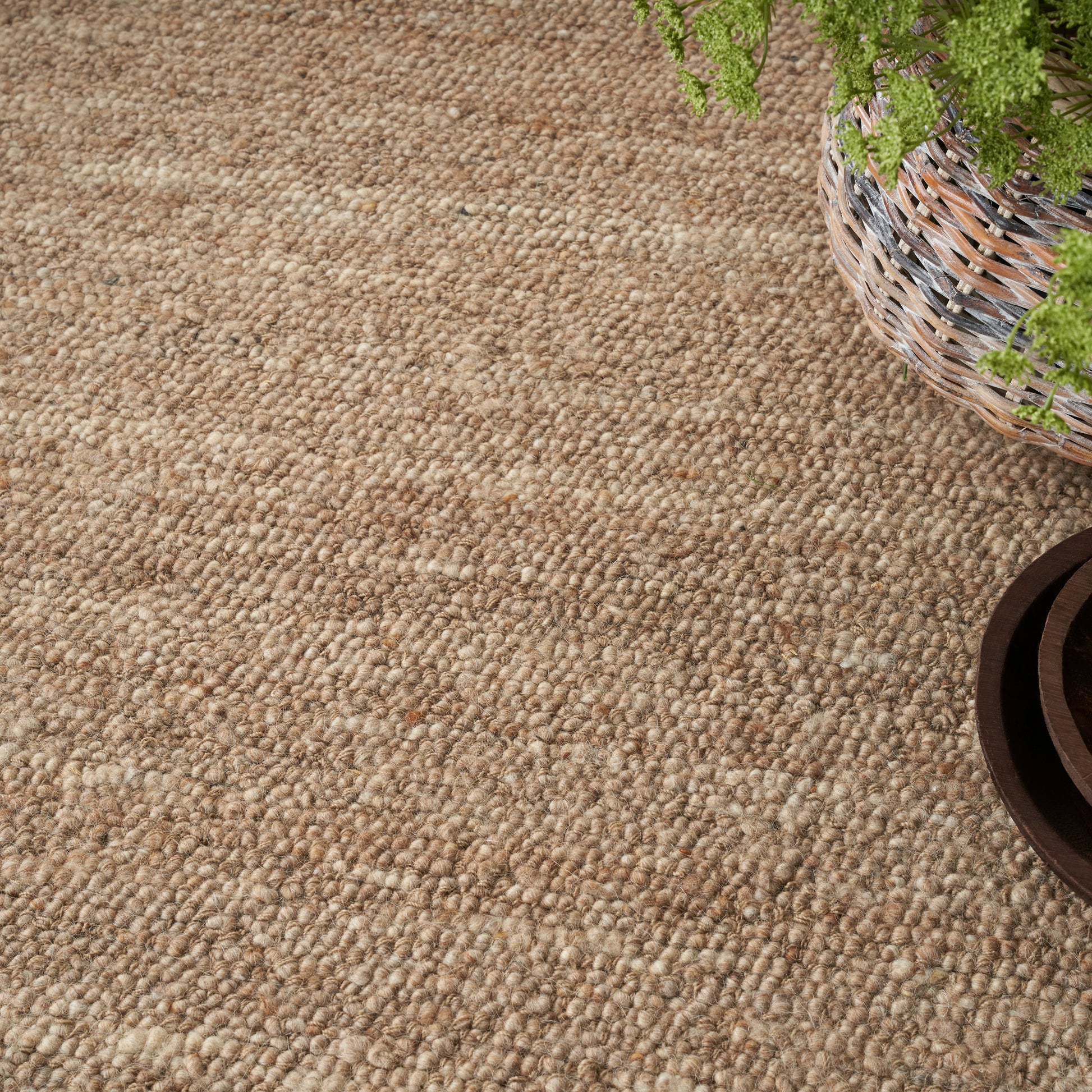 Natural beige looped fiber rug with textured weave; woven planter basket with greenery sits at the corner.