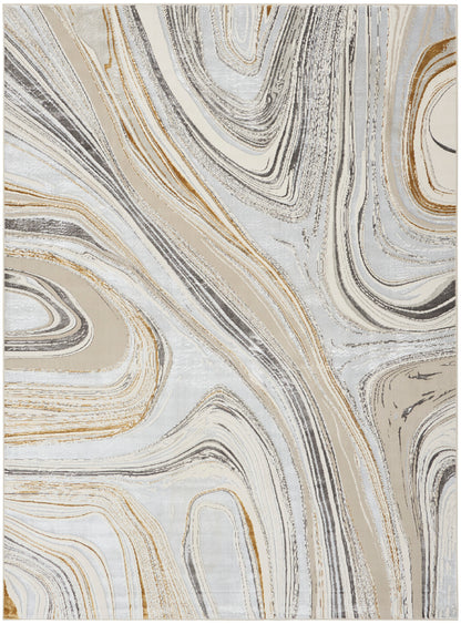 Abstract marbled area rug with beige, gray, ivory swirls and gold accents; modern decorative floor covering.