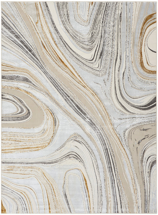 Abstract marbled area rug with beige, gray, ivory swirls and gold accents; modern decorative floor covering.