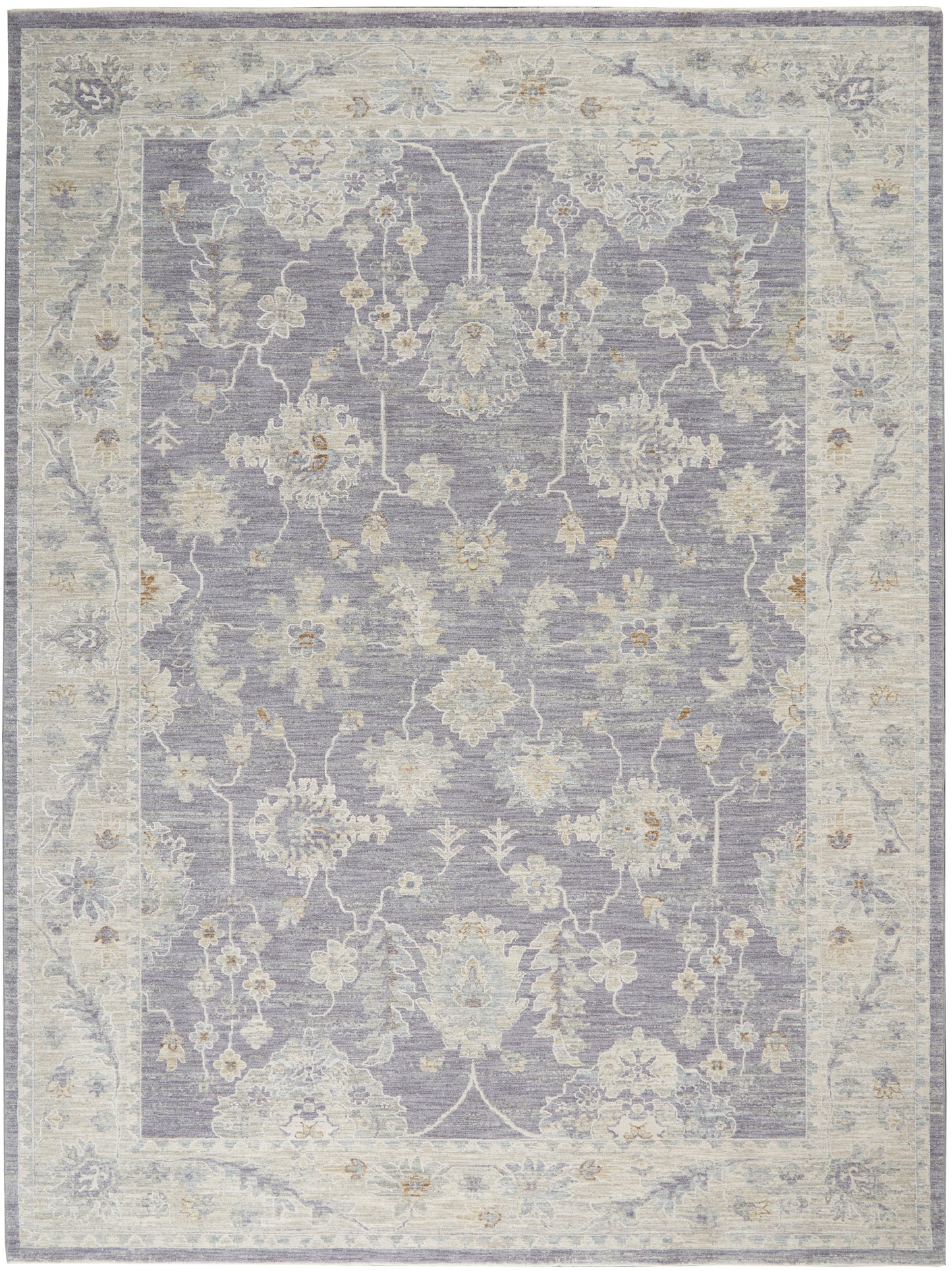 Lavender oriental area rug with ivory border and cream floral vines; rectangular, decorative, muted motif.