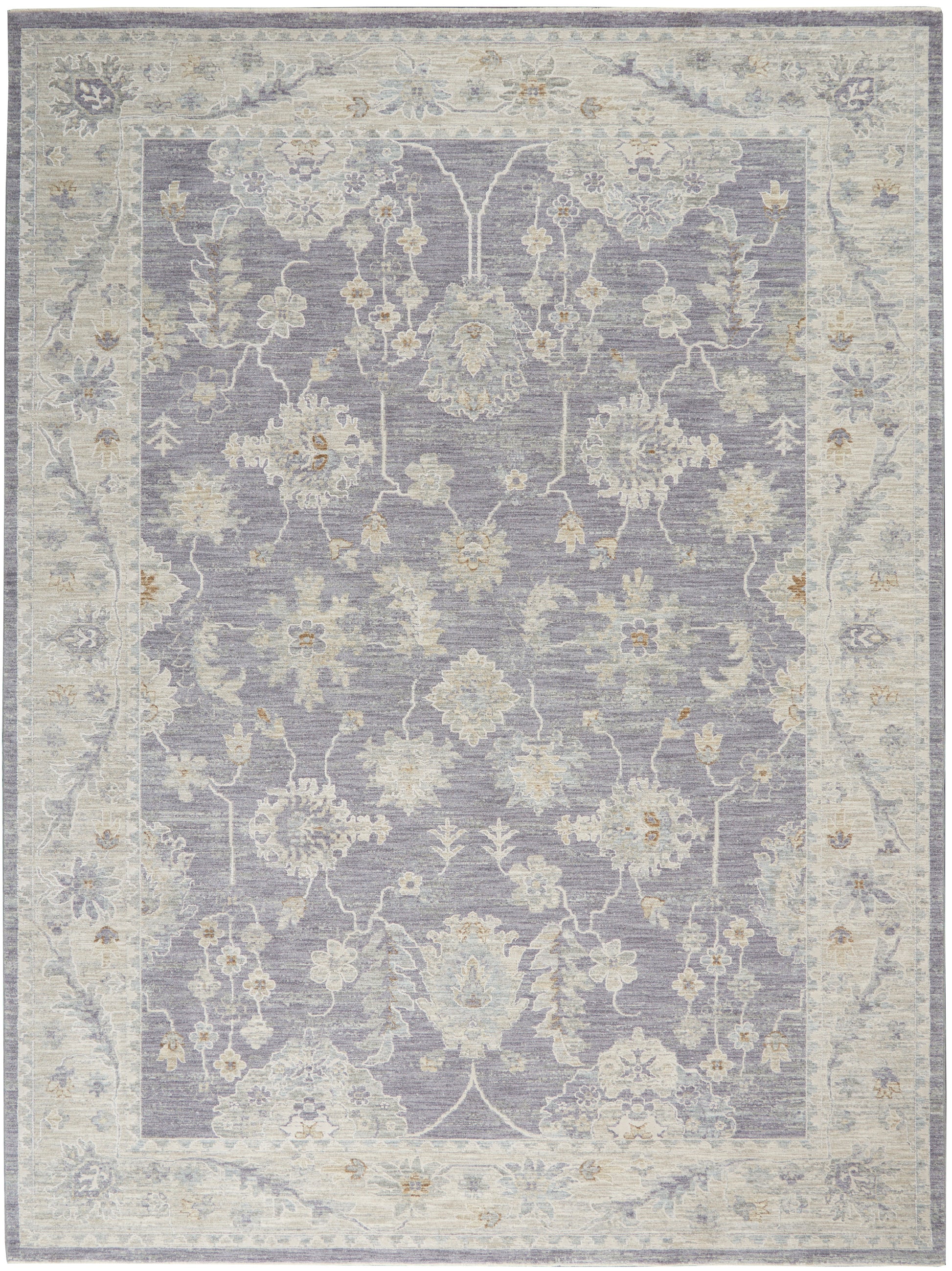 Lavender oriental area rug with ivory border and cream floral vines; rectangular, decorative, muted motif.