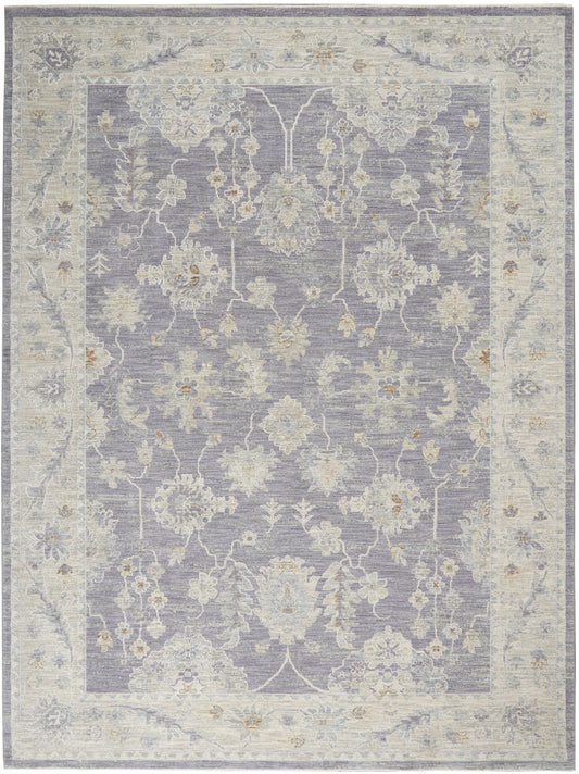 Lavender oriental area rug with ivory border and cream floral vines; rectangular, decorative, muted motif.
