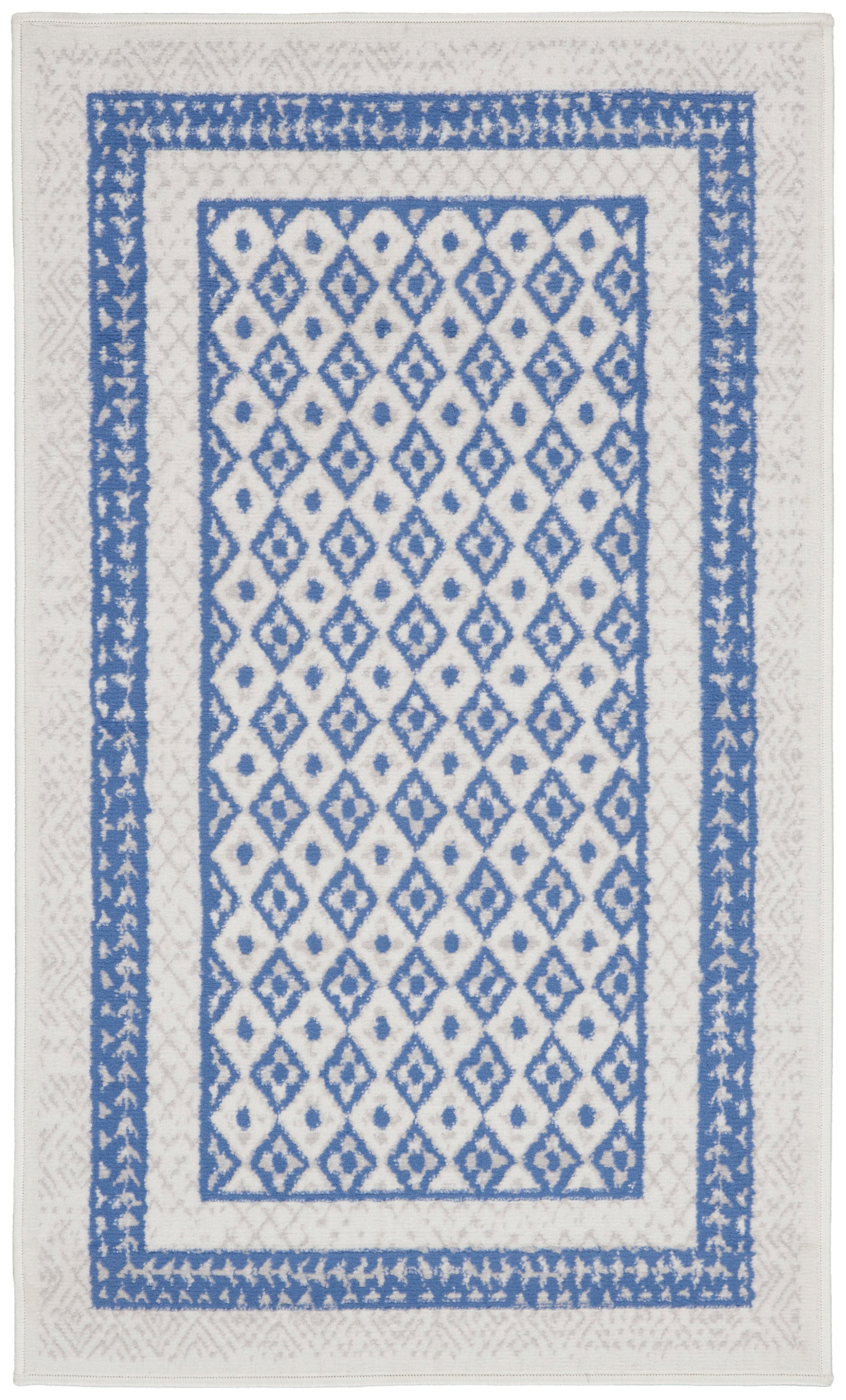 Rectangular white rug with a blue diamond lattice pattern, featuring blue inner and outer borders.