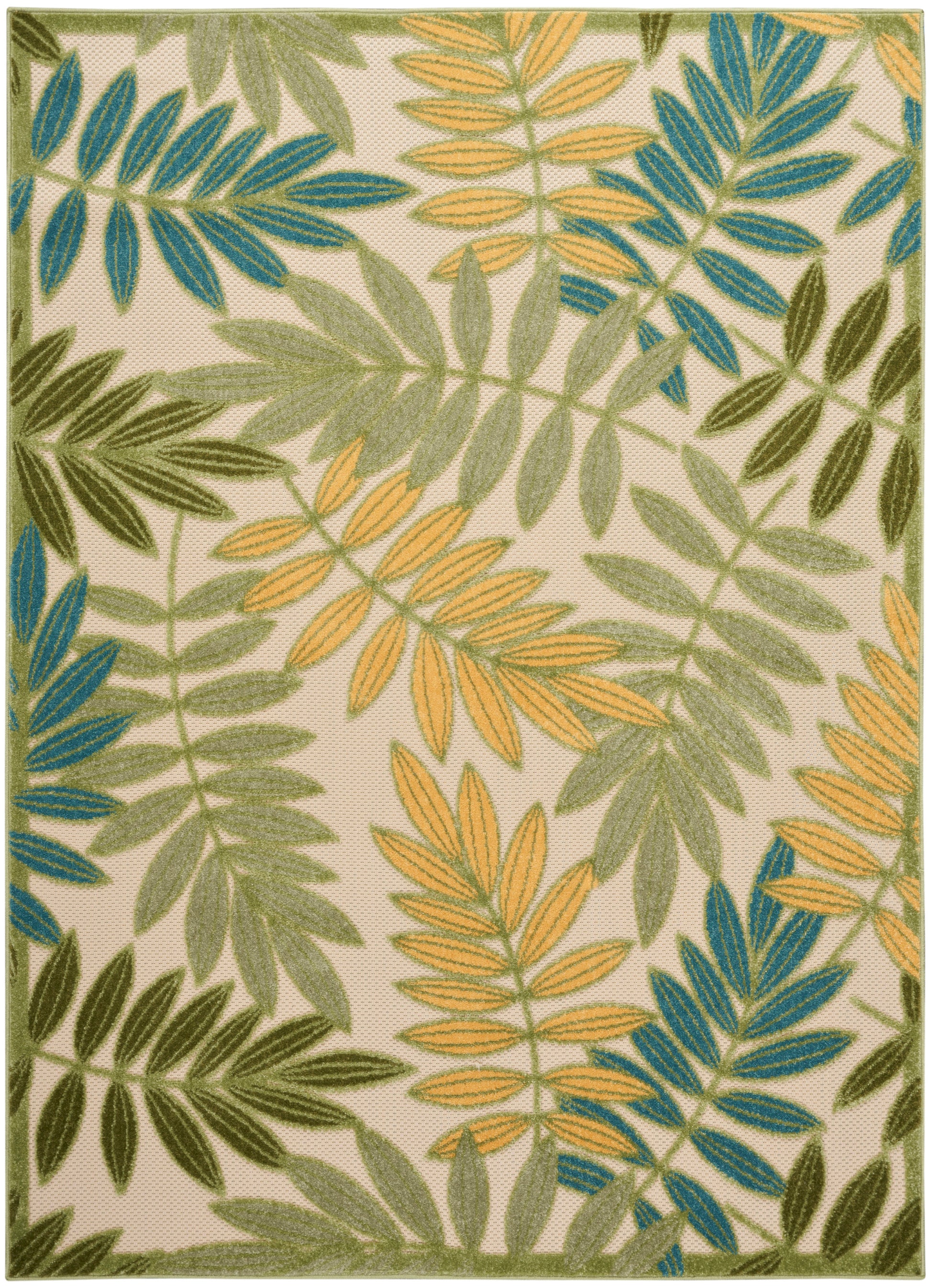 Rectangular woven rug with palm leaf pattern in olive green, teal, and yellow on beige background
