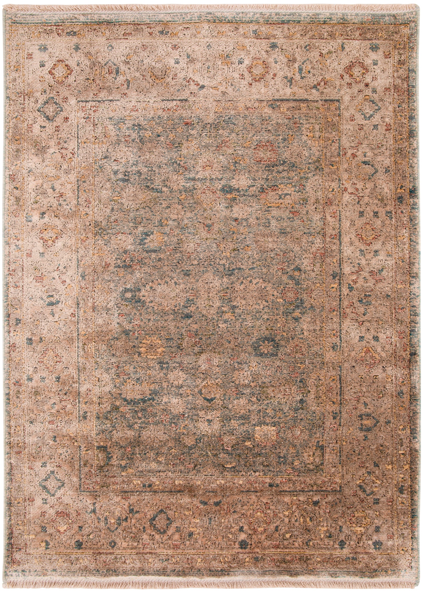 Rectangular distressed beige rug with faded blue-peach motifs and fringe edges.