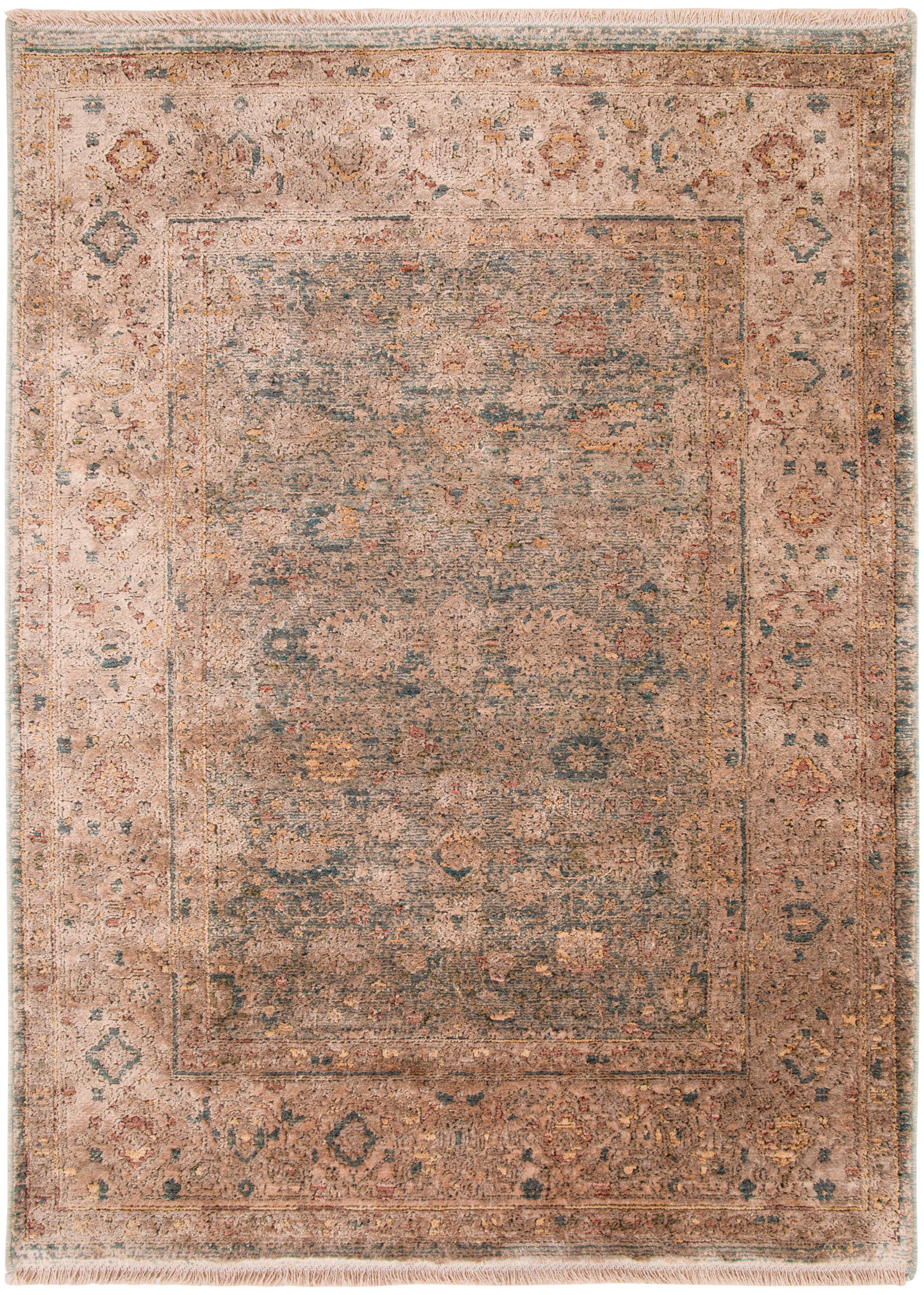 Rectangular distressed beige rug with faded blue-peach motifs and fringe edges.