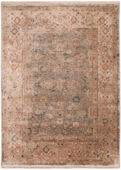 Rectangular distressed beige rug with faded blue-peach motifs and fringe edges.