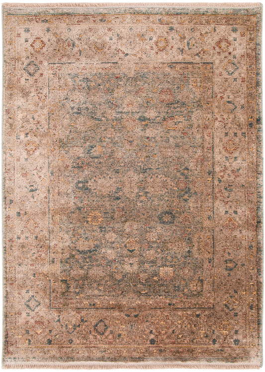 Rectangular distressed beige rug with faded blue-peach motifs and fringe edges.