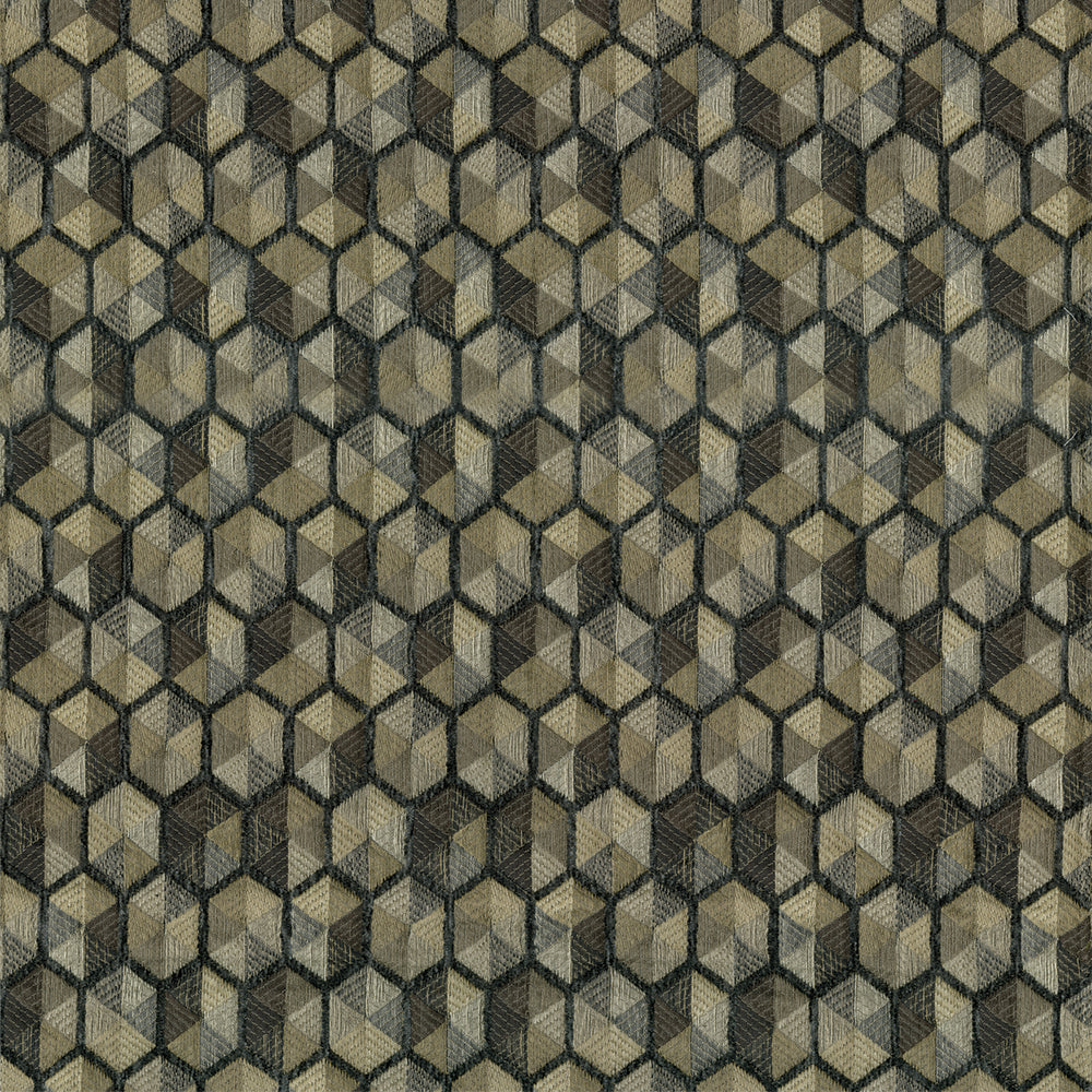 Woven geometric fabric with 3D cube pattern in olive, beige and charcoal; textured upholstery or wallcovering.