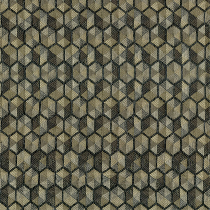 Woven geometric fabric with 3D cube pattern in olive, beige and charcoal; textured upholstery or wallcovering.