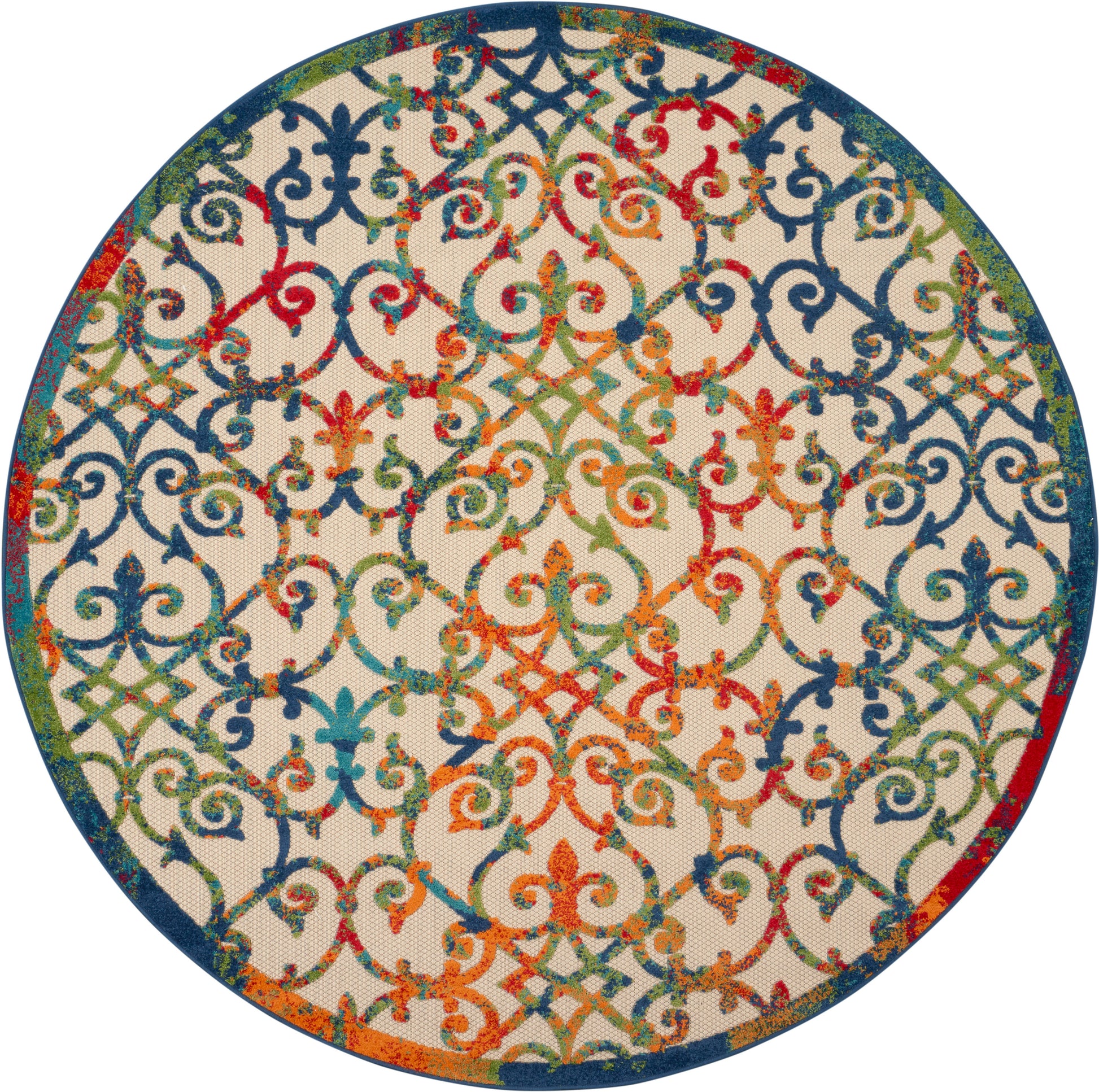 Round rug with cream background and vibrant multicolor arabesque scrollwork in blue, orange, green, red; woven texture.