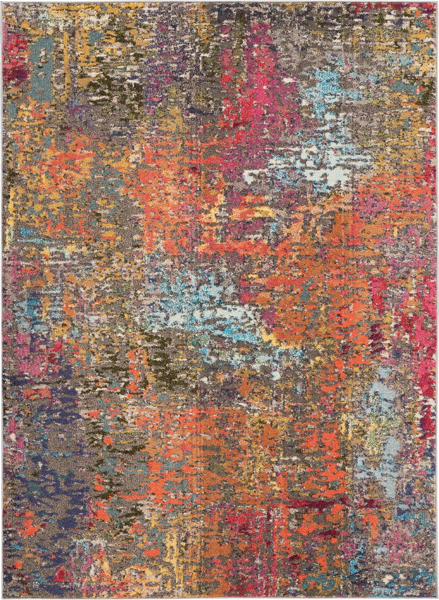 Rectangular abstract multicolor area rug with distressed patchwork pattern in orange, pink, teal, purple, gray; plush rug.