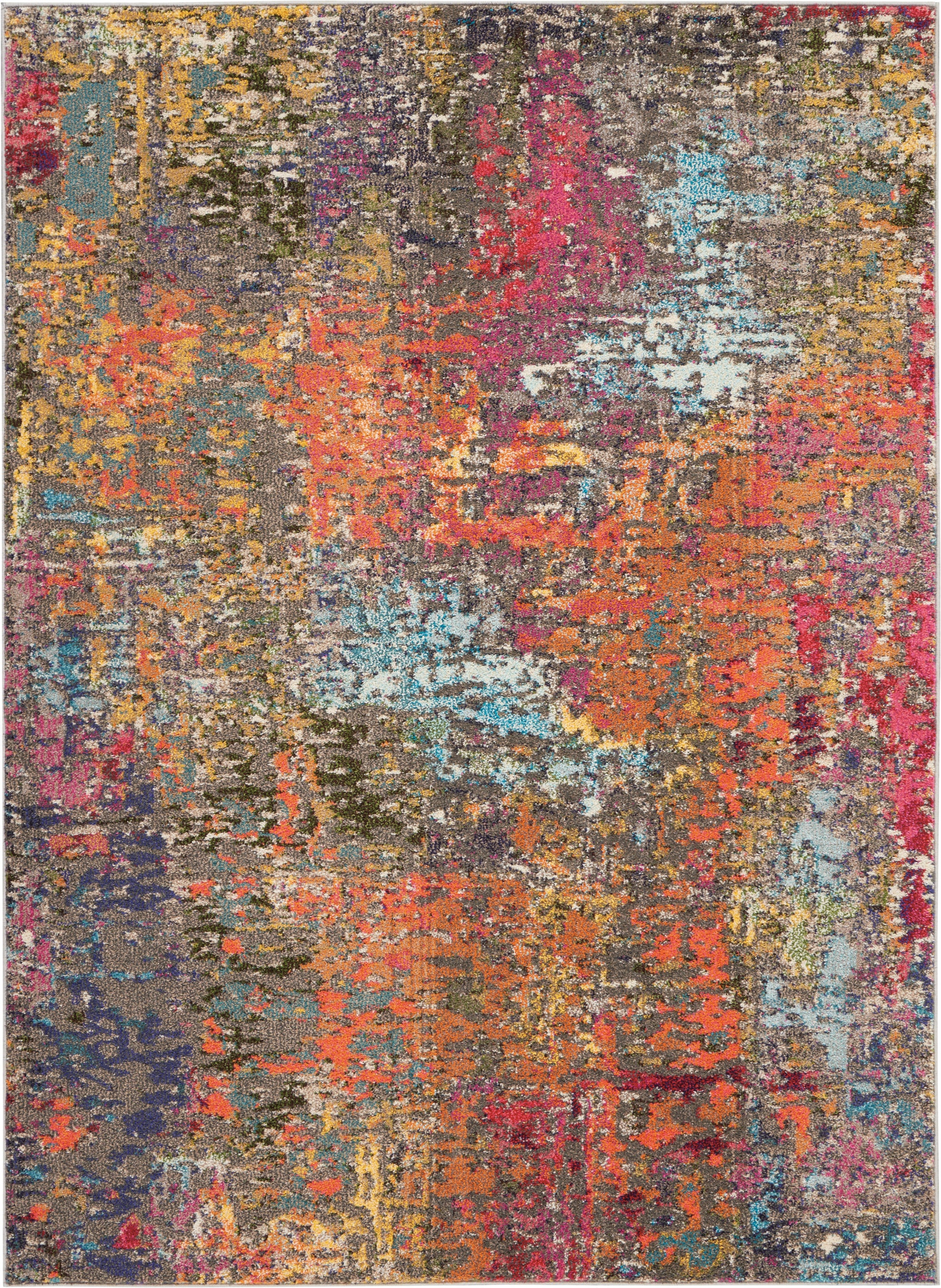 Rectangular abstract multicolor area rug with distressed patchwork pattern in orange, pink, teal, purple, gray; plush rug.