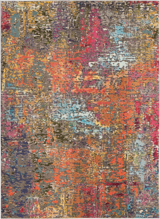 Rectangular abstract multicolor area rug with distressed patchwork pattern in orange, pink, teal, purple, gray; plush rug.