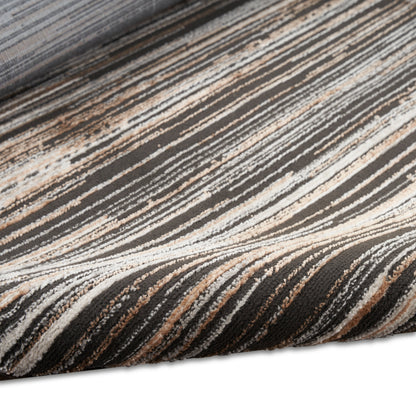 Earth-tone striped area rug with soft pile in brown, beige and white; abstract contemporary design.