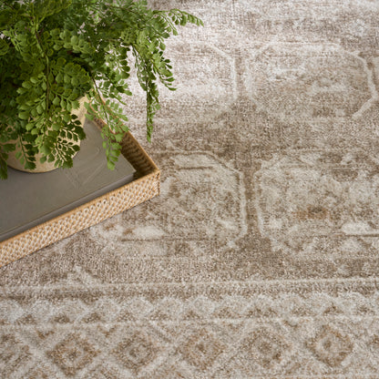 Green fern in a beige woven tray atop a gray hardcover book on a cream geometric patterned rug.