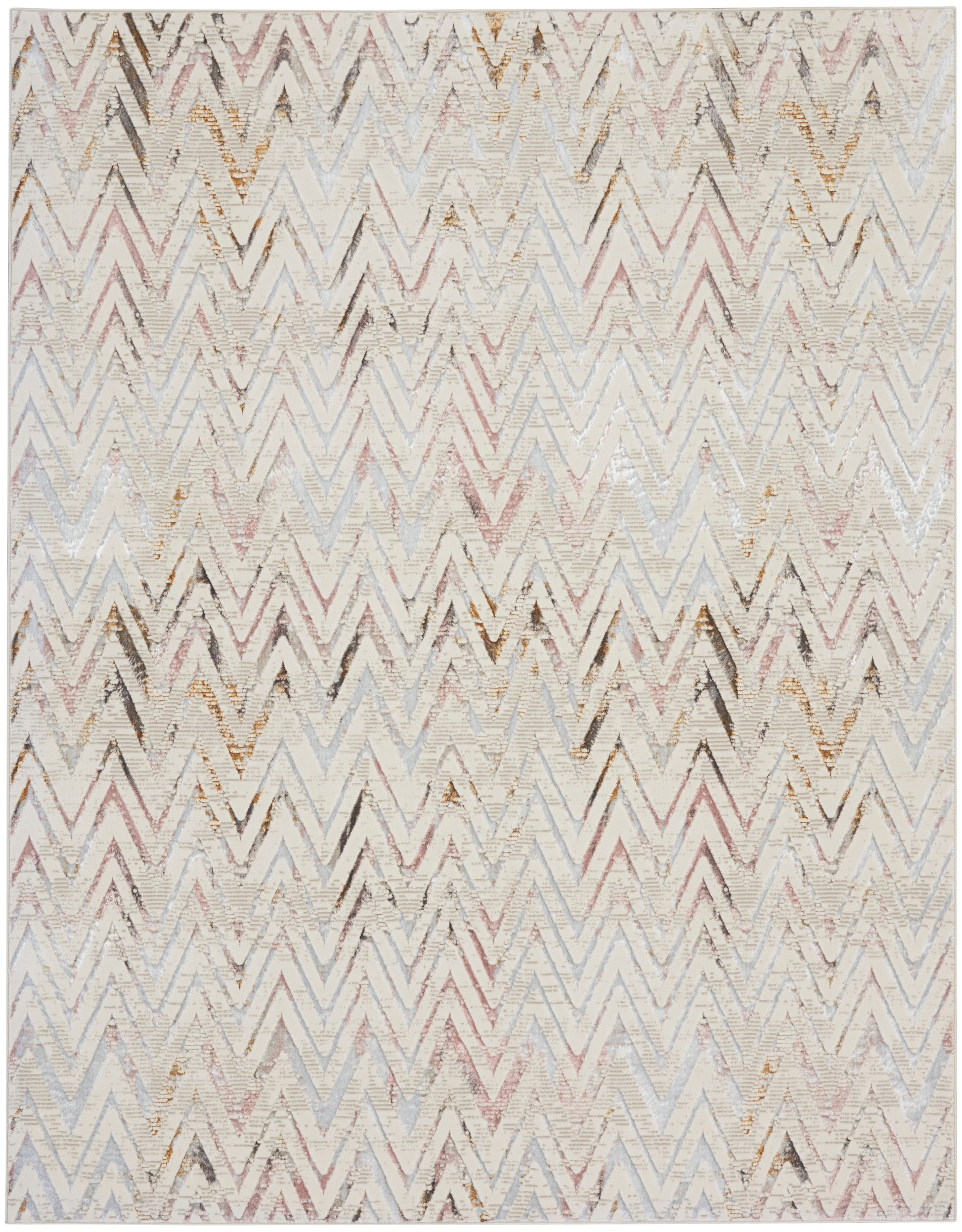 Distressed pastel chevron rug in soft blues, pinks, creams and browns with a zigzag pattern.