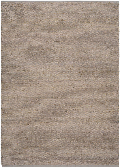 Natural beige flat-weave jute rug, rectangular, textured neutral floor decor for living room or hallway.