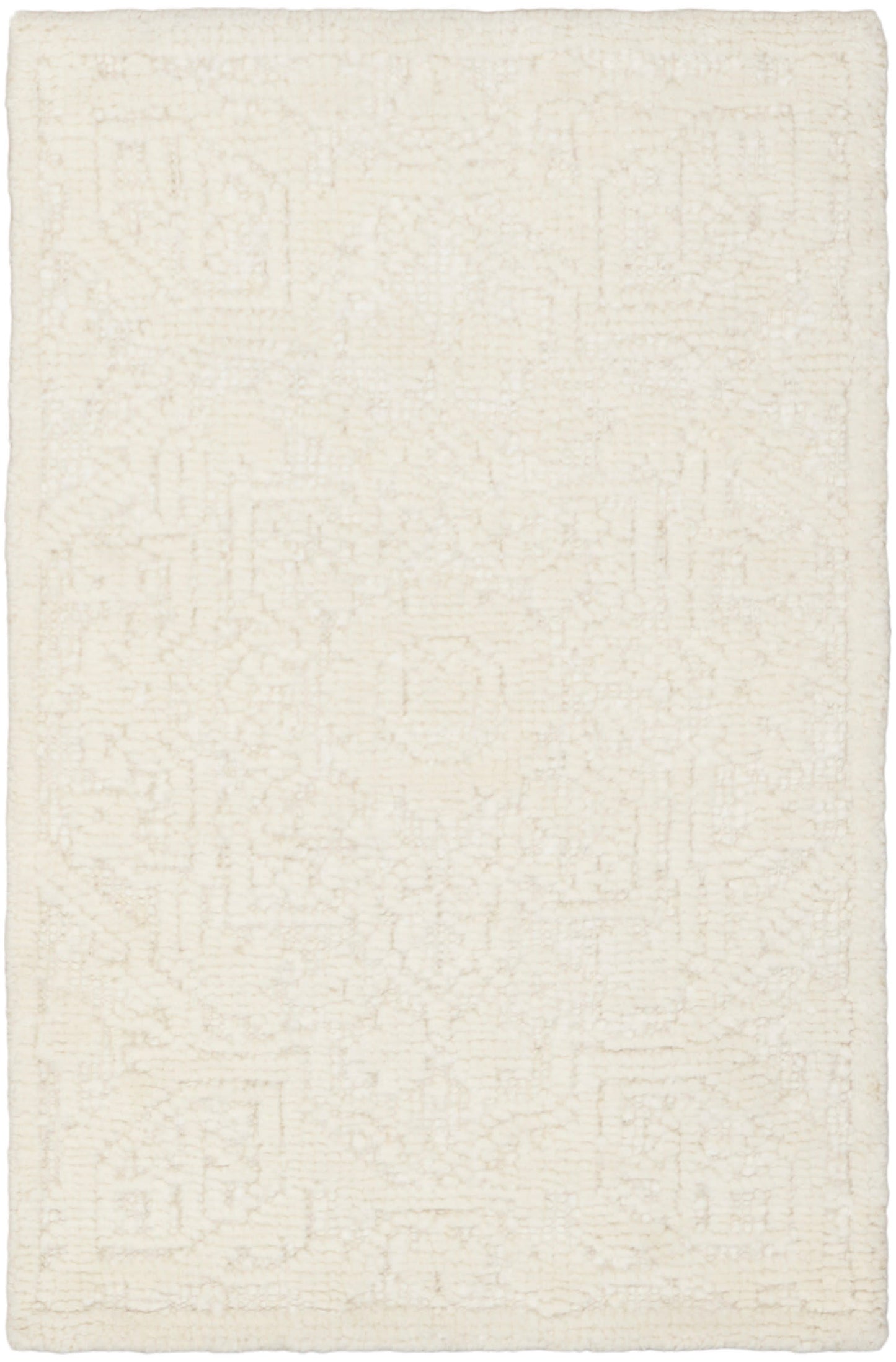 Cream rectangular rug with subtle geometric pattern and soft, textured low pile, ideal for living rooms.