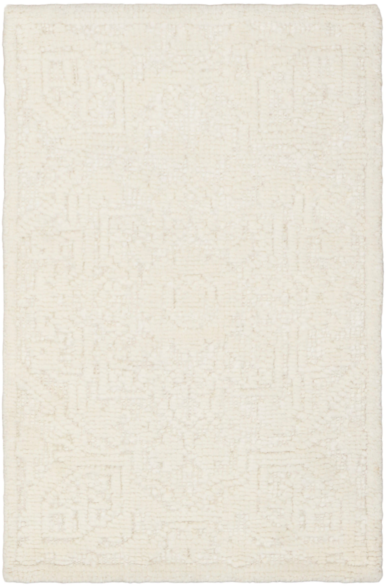 Cream rectangular rug with subtle geometric pattern and soft, textured low pile, ideal for living rooms.