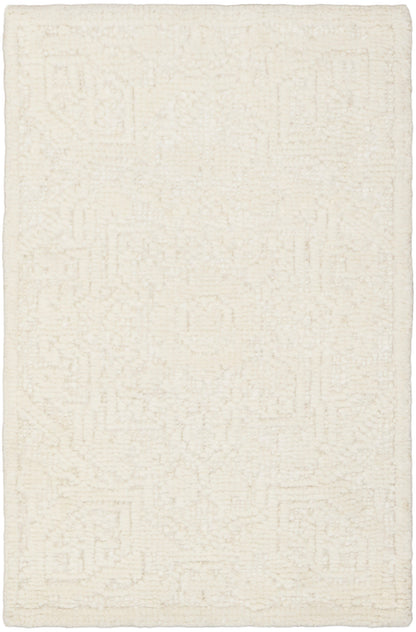 Cream rectangular rug with subtle geometric pattern and soft, textured low pile, ideal for living rooms.