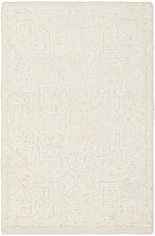 Cream rectangular rug with subtle geometric pattern and soft, textured low pile, ideal for living rooms.
