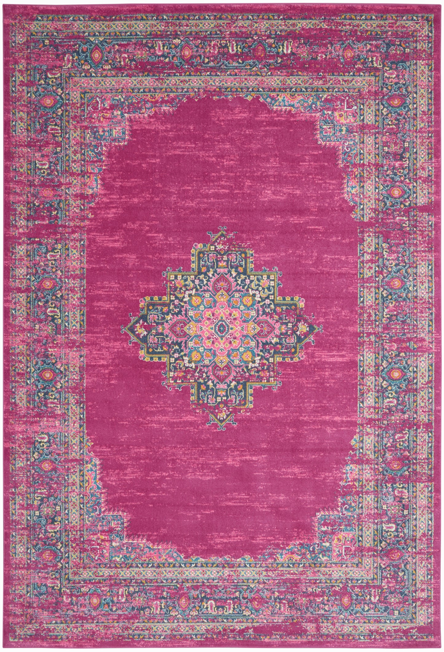 Magenta distressed Persian-style area rug with a multicolor central medallion and ornate blue-gold border.
