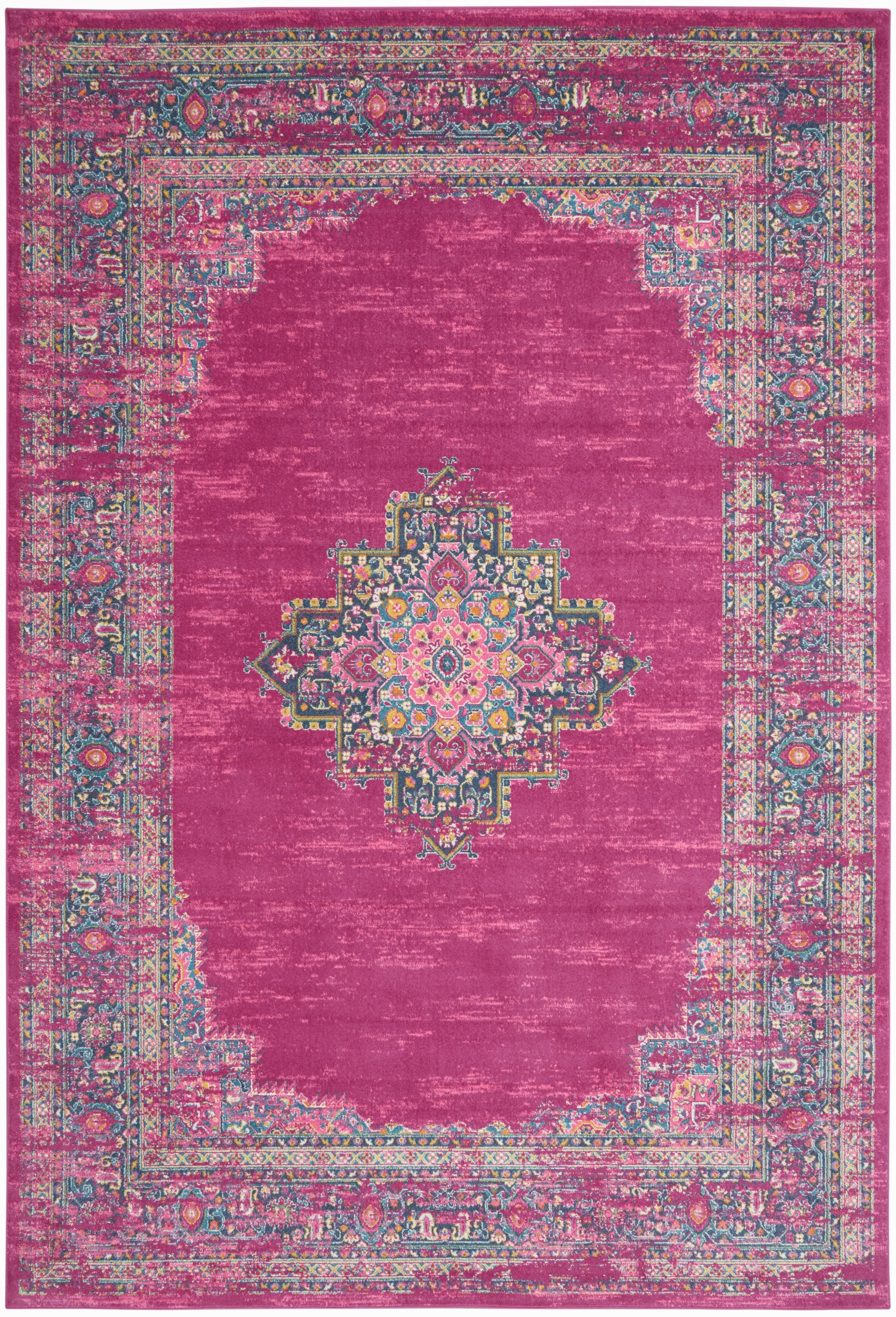 Magenta distressed Persian-style area rug with a multicolor central medallion and ornate blue-gold border.