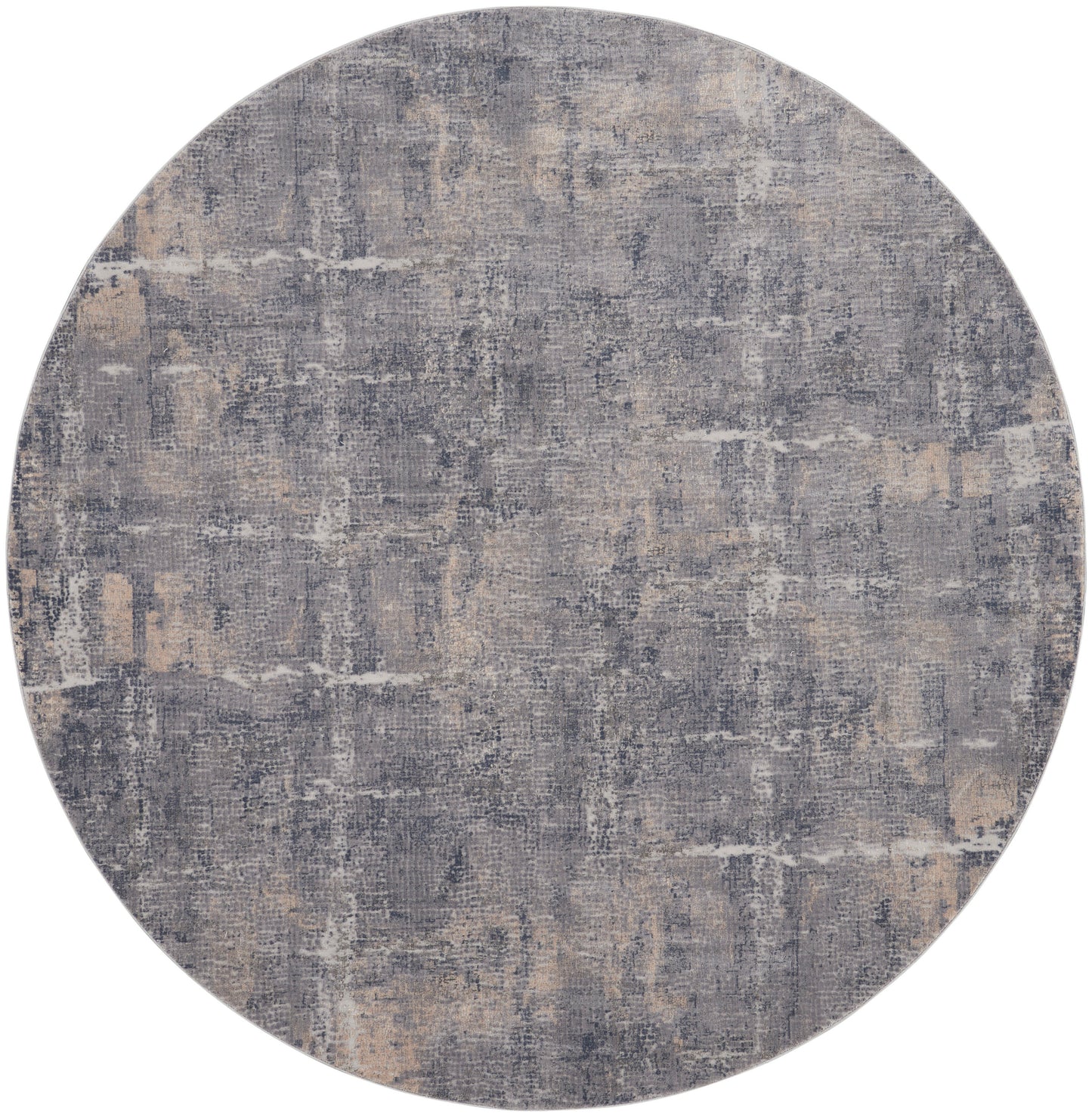 Round rug with gray-blue and beige abstract distressed pattern; contemporary living room accent.