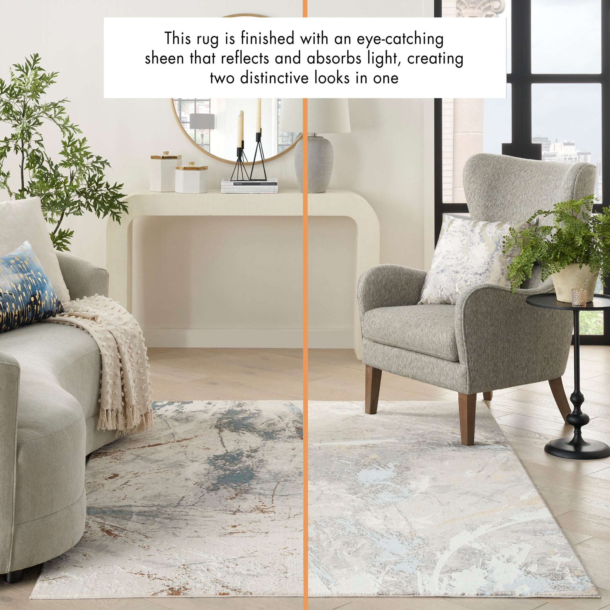 Abstract two-tone area rug in light gray with blue and taupe marbling and a subtle sheen, modern living room scene.