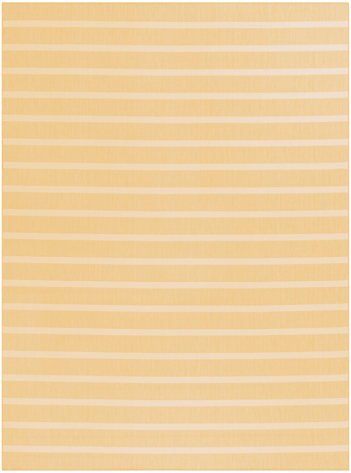 Yellow striped rug with white horizontal bands; rectangular, soft woven textile, casual coastal decor.