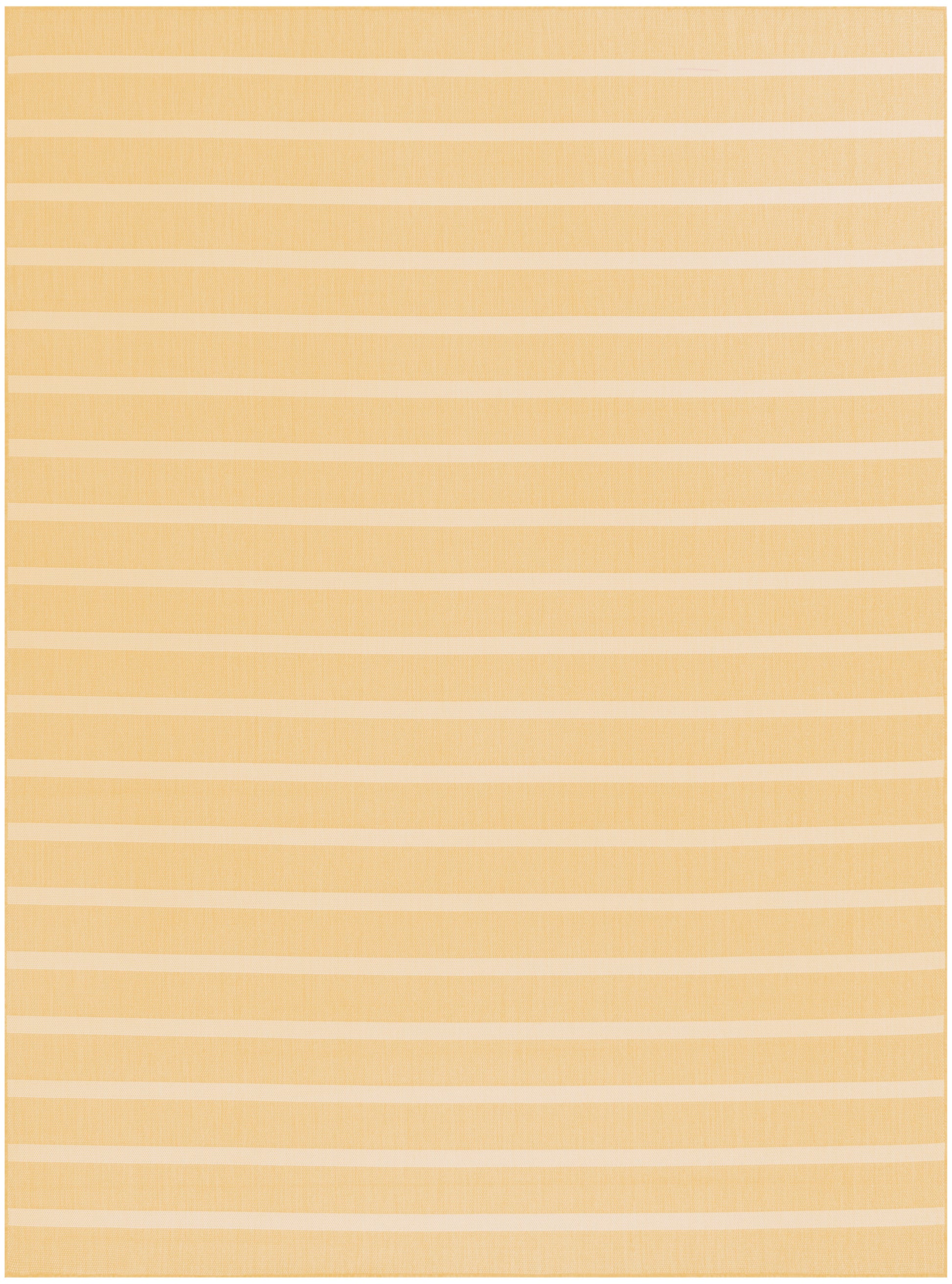 Yellow striped rug with white horizontal bands; rectangular, soft woven textile, casual coastal decor.