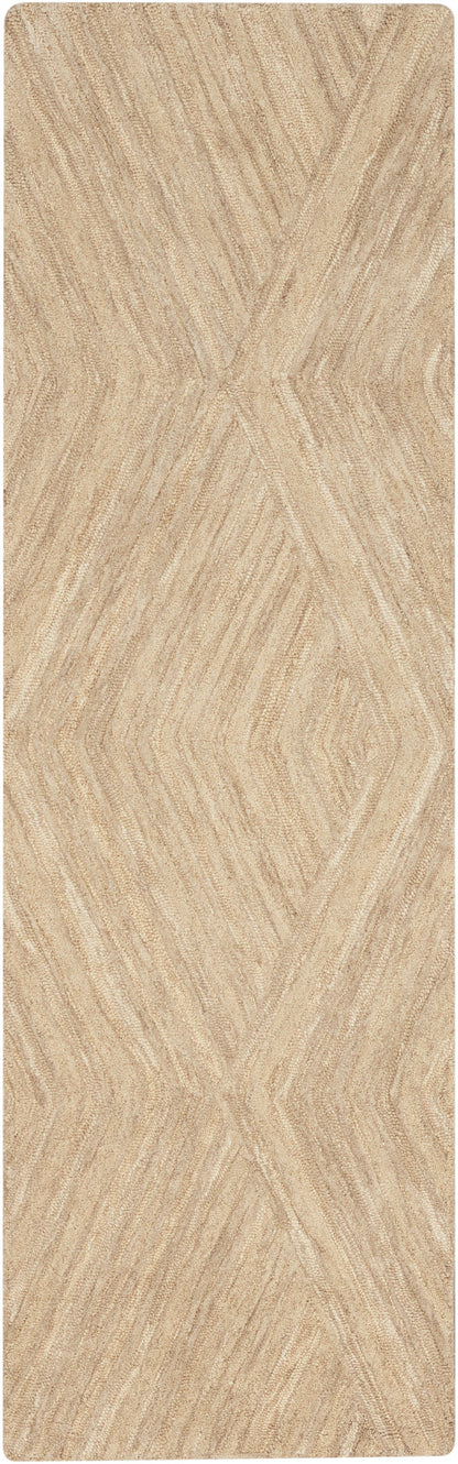 Beige runner rug with raised chevron geometric pattern and soft textured pile.