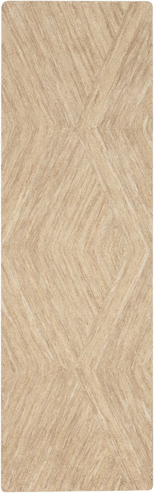 Beige runner rug with raised chevron geometric pattern and soft textured pile.