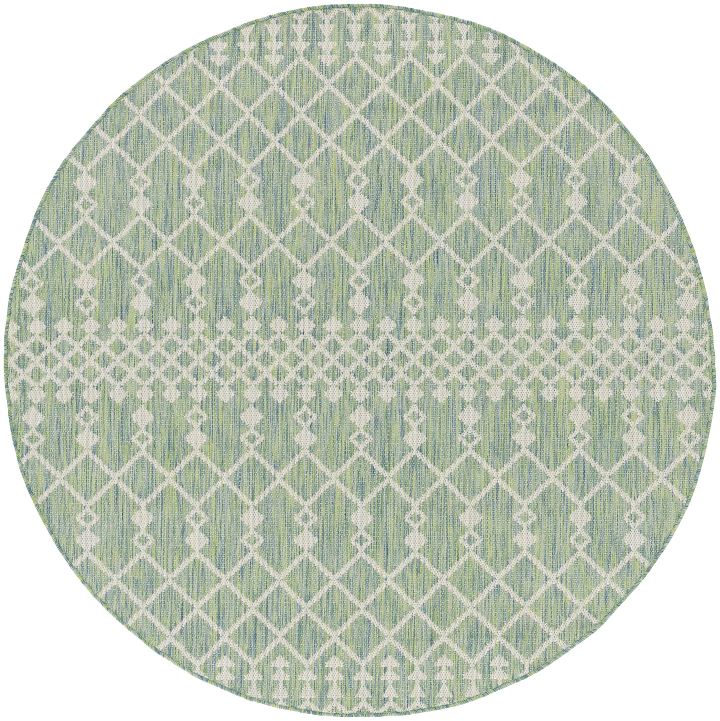 Round mint green rug with a white geometric lattice pattern and a horizontal center band.