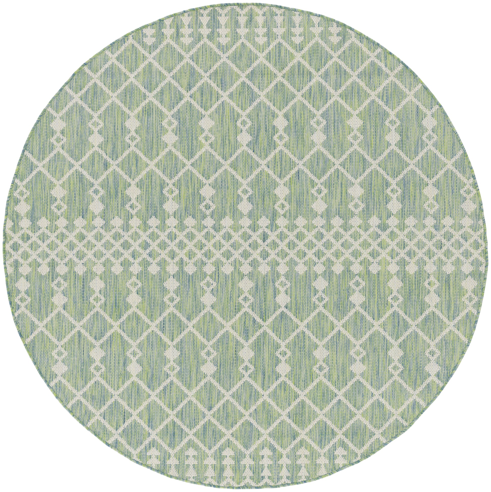 Round mint green rug with a white geometric lattice pattern and a horizontal center band.