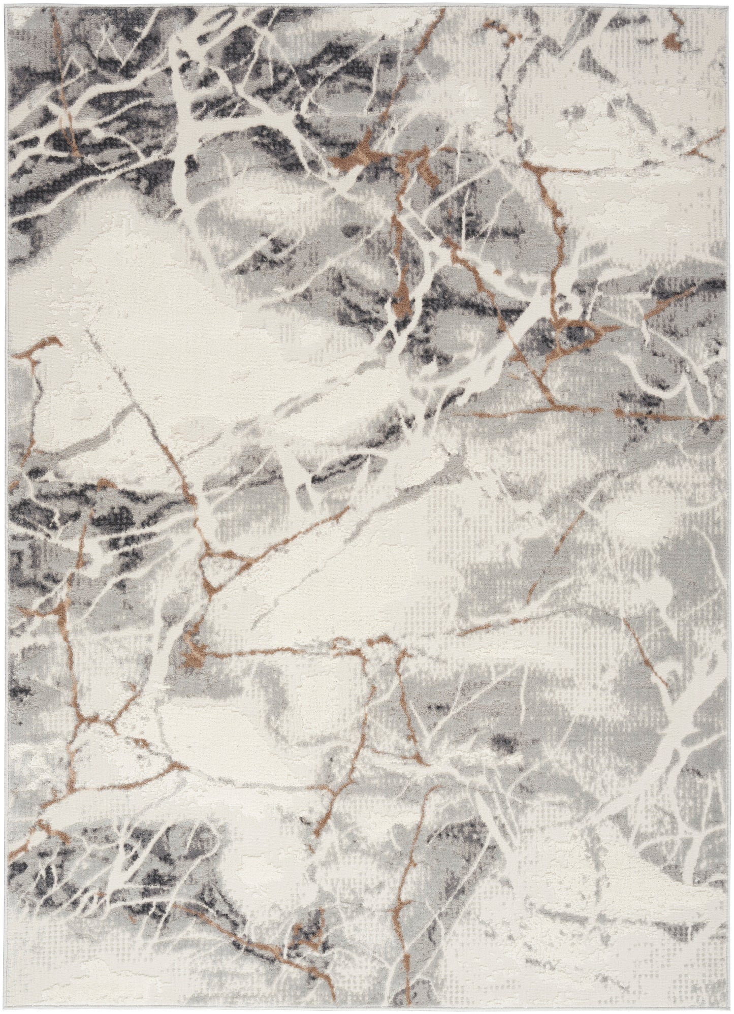 Modern rectangular area rug with white and gray marble pattern and metallic gold veining.