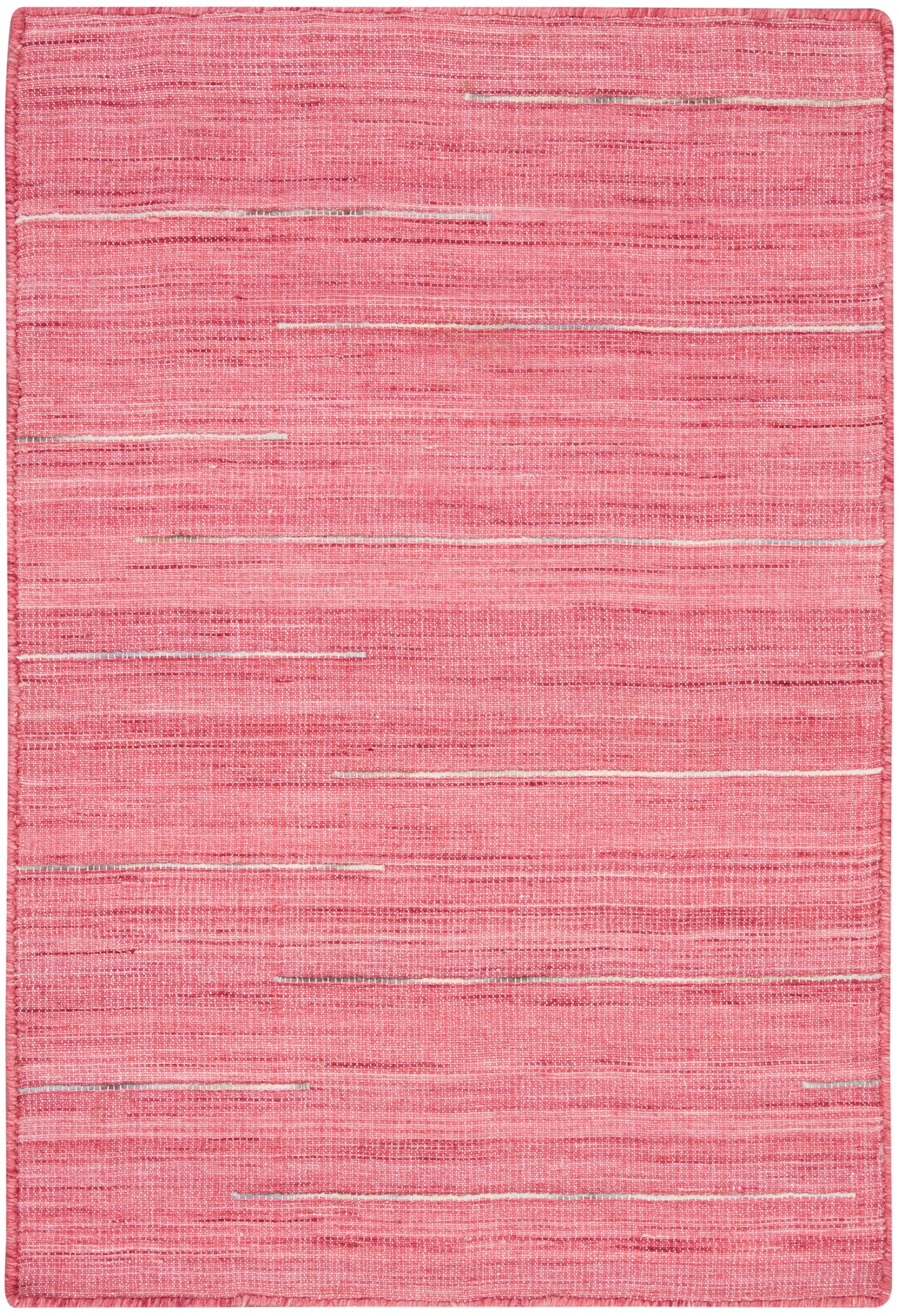 Pink woven rug with subtle horizontal white streaks in a rectangular flat-weave design.