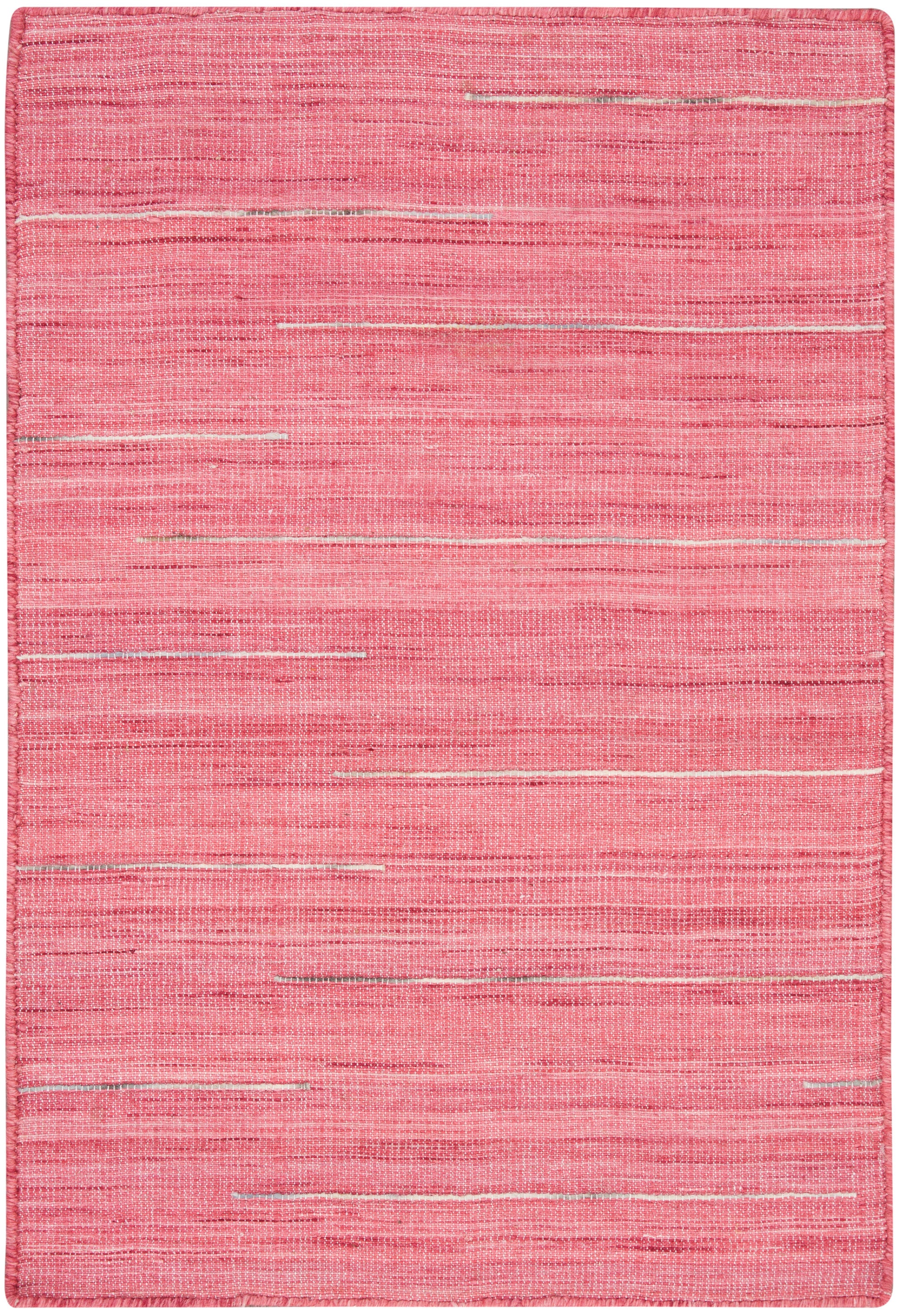 Pink woven rug with subtle horizontal white streaks in a rectangular flat-weave design.