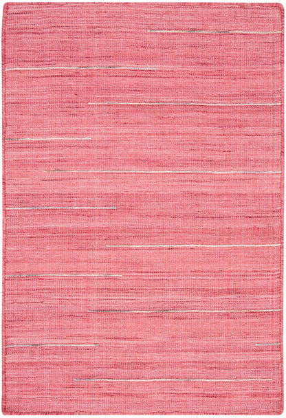 Pink woven rug with subtle horizontal white streaks in a rectangular flat-weave design.