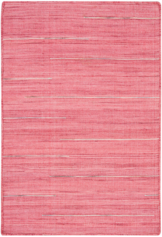 Pink woven rug with subtle horizontal white streaks in a rectangular flat-weave design.