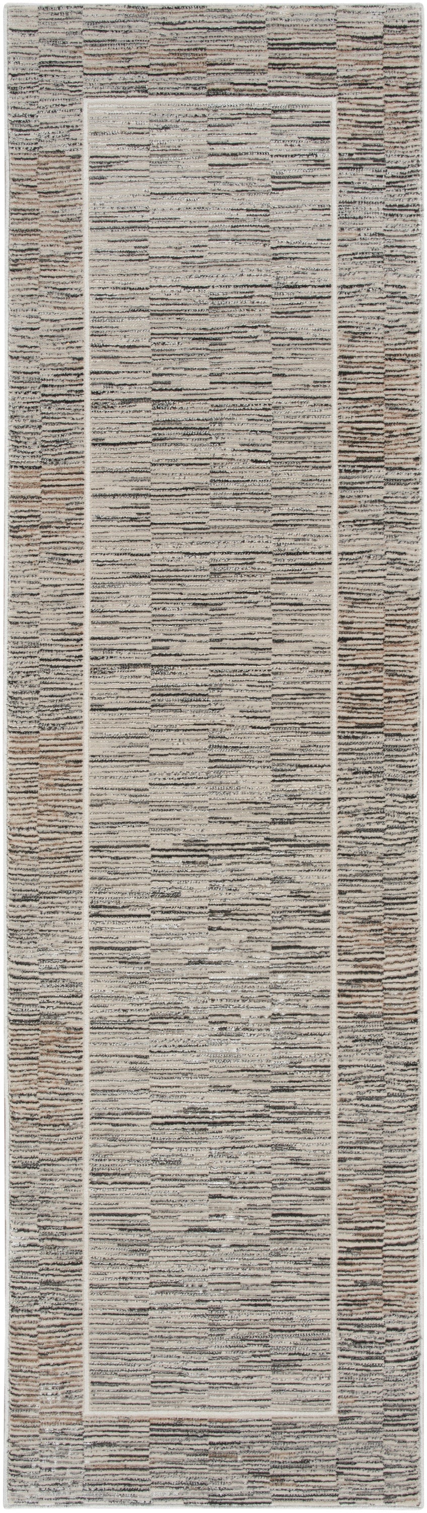 Long beige-gray woven runner rug with a light inner border; textured, neutral-toned pattern for hallways or entryways.