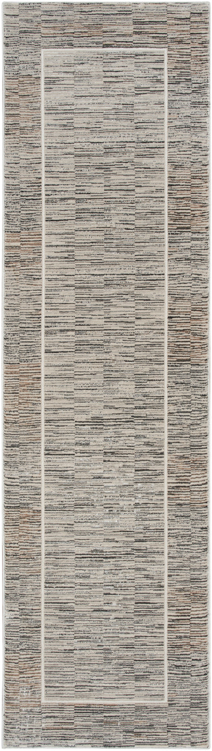 Long beige-gray woven runner rug with a light inner border; textured, neutral-toned pattern for hallways or entryways.