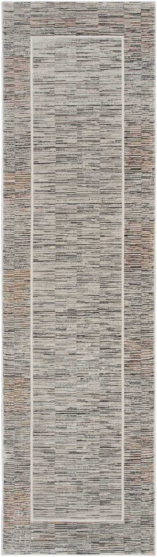 Long beige-gray woven runner rug with a light inner border; textured, neutral-toned pattern for hallways or entryways.